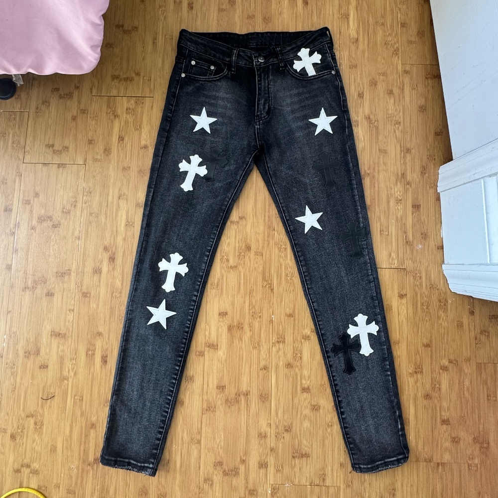 Custom Cross Patch Denim - Gothic Streetwear Jeans - Size 29
